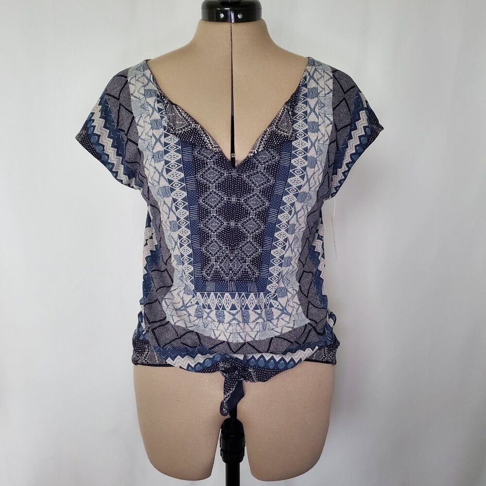 NEW Lucky Brand Women's Top XS Blue White Gray Short Sleeve Front-Knot Shirt